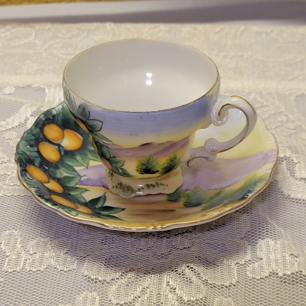 Vtg Mini Cup & Saucer Hand-Painted Gold Trim